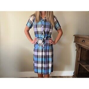 1960’s BNWT Vintage Deadstock Blue/Purple Plaid Shirt Dress w/Pocket sz 10